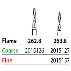 Two Striper FG #263.8 Coarse Diamond Burs, Flame shaped. Pack of 5