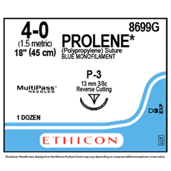 Ethicon Sutures. 4/0, 18" Prolene Blue Suture. P-3. 13mm 3/8c. 12/bx