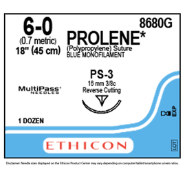 Ethicon Suture 8680G, Prolene Blue Monofilament 6-0, PS-3, 18"/45cm, 12/box