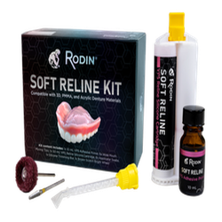 Rodin Soft Reline Kit, Rodin Soft Reline Kit, 50mL Silicone Cartridge, 10mL VPS Adhesive Primer, 6x 1:1 Wide Mouth Mixing Tips, 6x Applicator Swabs, Tapered Cone Finishing Stone, and Brown Polishing Wheel