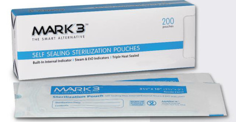 MARK3 2-3/4' x 10' Self-Sealing Sterilization Pouch, 200/bx. Triple heat sealed