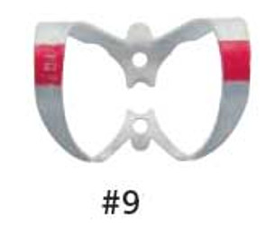 Hygenic Fiesta Color Coded Clamps. #9 (red) winged metal dam clamp. Anterior