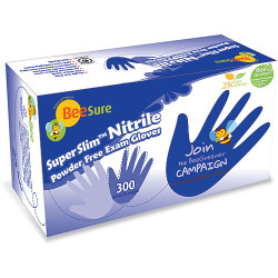 BeeSure SuperSlim Nitrile Exam Gloves: Medium 300/Bx. Blue, Powder-Free