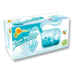 BeeSure Naturals Glacier Nitrile Exam Gloves: Medium 300/Bx. Glacier Blue