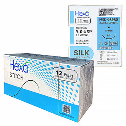 Hexa 3/0, 18' Silk Black Braided Sutures with C6 Reverse Cutting Needle, 12/Box
