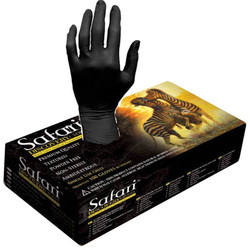 Safari Latex Exam Gloves: MEDIUM, 100/box. Black color, powder-free, textured