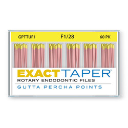 ExactTaper F1 Gutta Percha Points 28mm, 60/Box. Hand jig rolled to produce