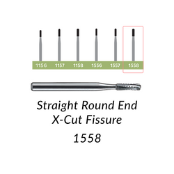 Carbide Burs. FG-1558 Straight Round End X-Cut Fissure. Clinic Pack of 100/Bag.