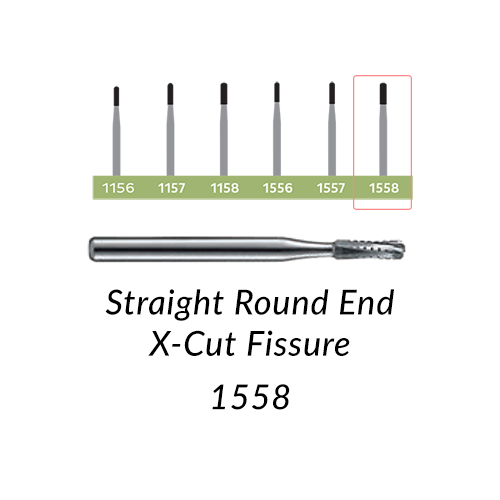 Carbide Burs. FG-1558 Straight Round End X-Cut Fissure. Clinic Pack of 100/bag.