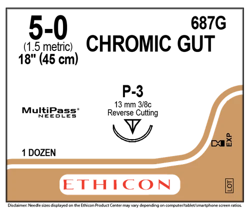 Ethicon 5/0, 18' Chromic Gut Undyed Absorbable Suture, 12/Box