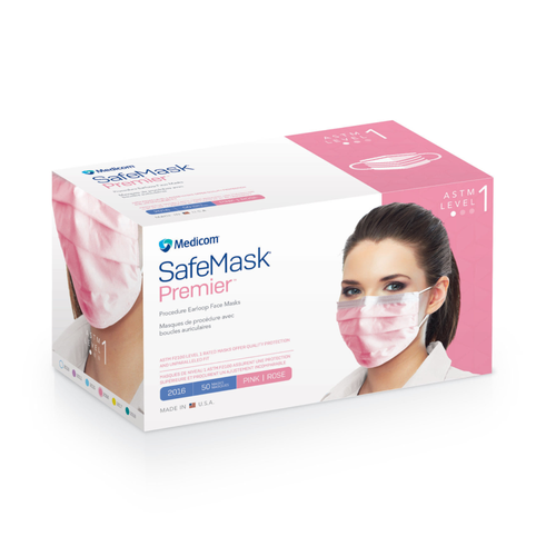 SafeMask Premier PINK Ear-Loop Face Mask, 50/Bx. ASTM Level 1 with BFE >= 95%