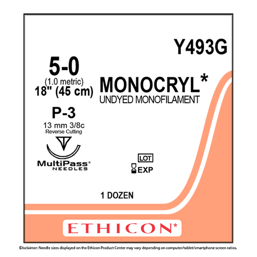 Ethicon Monocryl 5-0, 18" Monocryl Undyed Monofilament Absorbable Suture