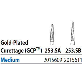 Two Striper FG 253.SA Medium Diamond Burs, Gold-Plated Curettage, 7mm Cutting