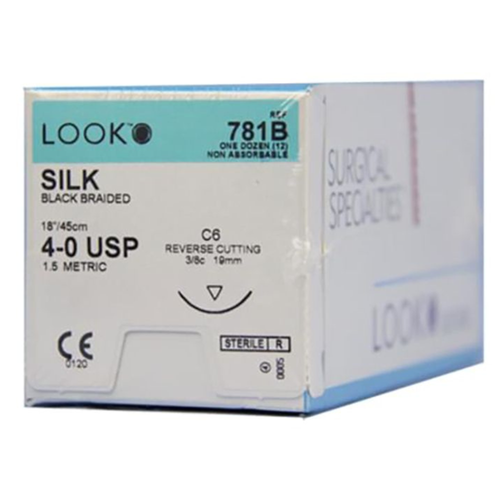Look 4/0, 18' Silk Black Braided Non-Absorbable Suture with Reverse Cutting C-6