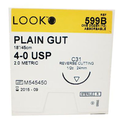 Look 4/0, 18' Plain Gut Absorbable Suture with Reverse-cutting C-31 Needle