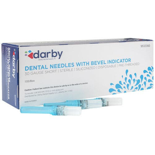Dental Needles with Bevel Indicator, Plastic Hub, 30 Ga Short, 100/Box, Blue