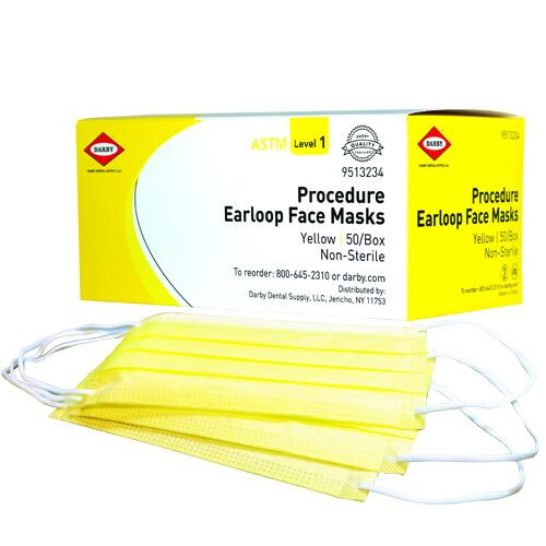 Procedure Earloop Masks ASTM Level 1 Yellow, 50/Box