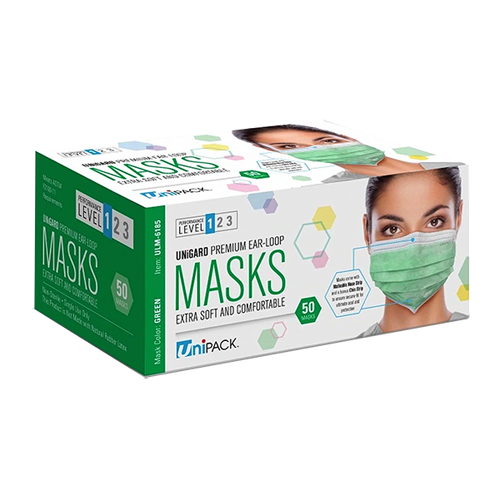 Premium Medical Grade ASTM 1 Green Ear Loop Masks 50/PK By Unipack Medical