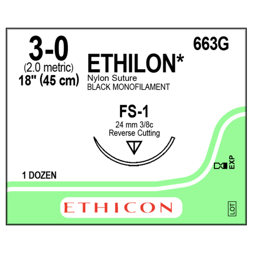 Ethilon Suture 3-0 Nylon FS-1 Black 18" Monofilament 12/Bx 663g