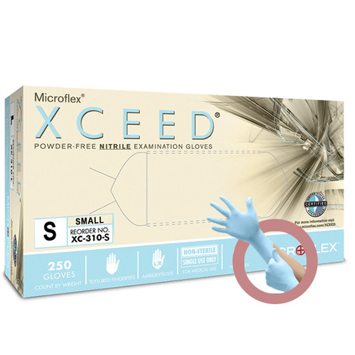 Microflex XCEED Nitrile exam gloves: SMALL powder-free, non-sterile 250/Box