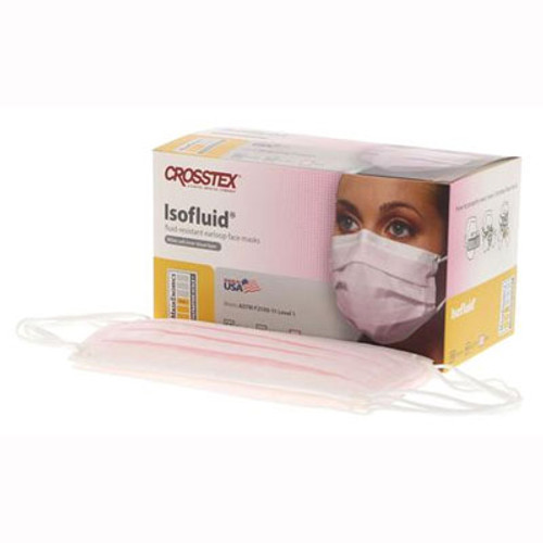 Isofluid Earloop Masks - Pink, 50/Bx. Fluid Resistant Outer Layer, White Tissue