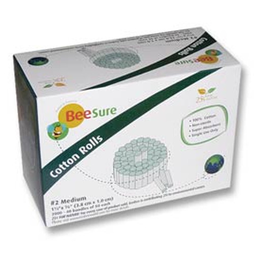 BeeSure Cotton Rolls #2 Medium 1-1/2' x 3/8' 2000/Pk. Non-Sterile Plain. 100%