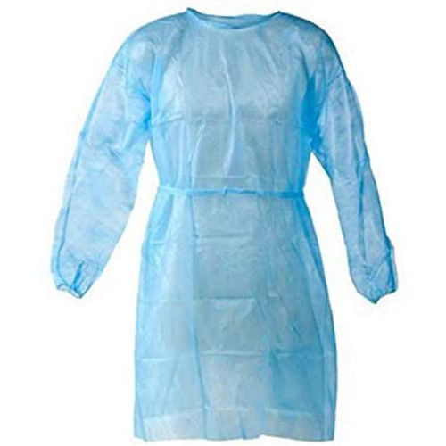 House Brand Isolation Gown with Elastic Cuff - Blue, one size fits all. Package of 50 gowns.