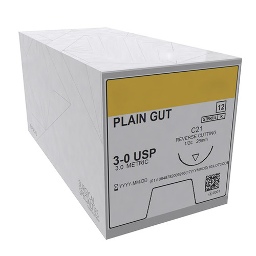 House Brand 3/0, 27' Plain Gut Suture with C-6 Reverse-cutting 19mm Needle