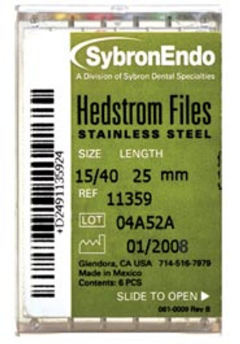 SybronEndo #15, 21mm Hedstrom Files 6/Box. Stainless Steel