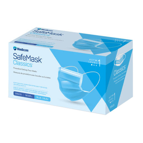 SafeMask Classics ASTM Level 1 Procedure Earloop Face Mask, BFE/PFE â‰¥ 95%, Blue, 500/Case, 10 x 50/Bx.
