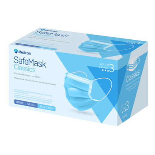 SafeMask Classics ASTM Level 3 Procedure Earloop Face Mask, BFE/PFE ≥ 98%, Blue, 500/Case, 10 x 50/Bx.