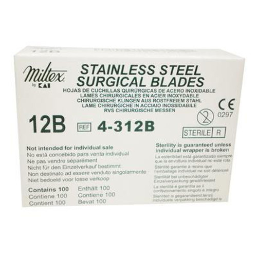 Miltex #12B Sterile Stainless Steel Surgical Scalpel Blade, Box of 100 blades