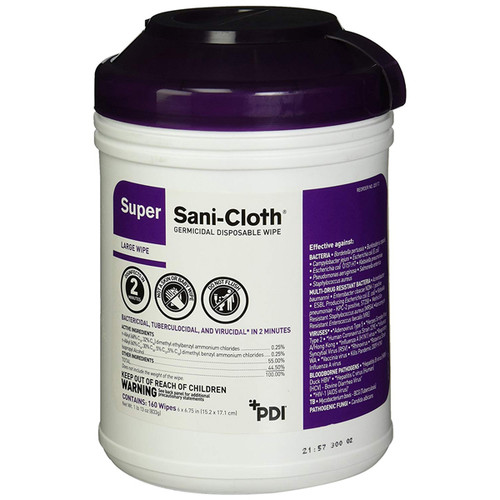 Super Sani-Cloth Large Wipes (6' x 6.75') 160/CANISTER. High Alcohol (55%). EPA