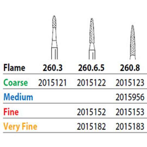 Two Striper FG #260.6.5 Fine Diamond Burs, Flame shaped. Pack of 5