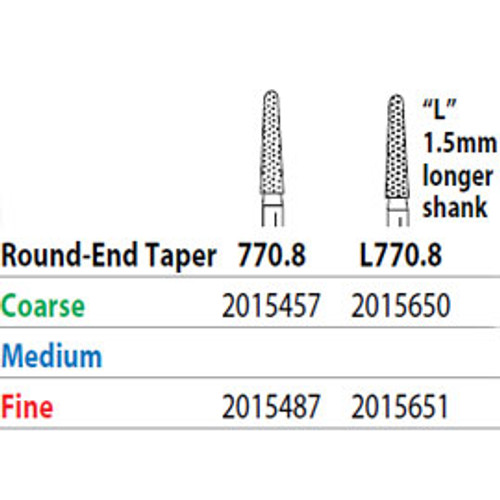 Two Striper FG L770.8 Coarse Grit, Round End Taper Diamond Bur. Package of 5