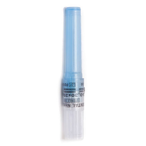 Quala 30 Gauge Short 1' Dental Needles, Blue, Pre-threaded plastic hub, Bevel