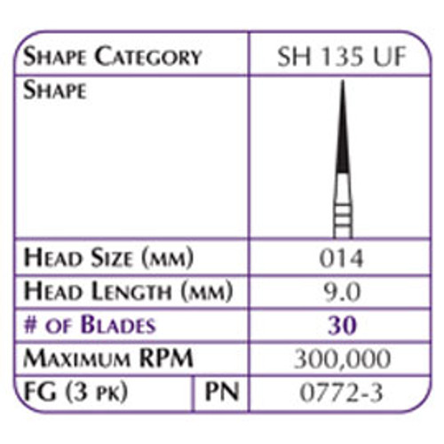 Robot FG #SH 135 UF 30 Blade CTF Carbide Finishing Burs 3/Pk. For Cosmetic