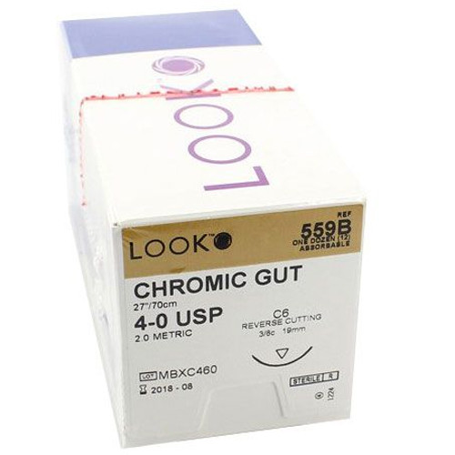 Look 4/0, 27' Chromic Gut Absorbable Suture with Reverse Cutting C-6 Needle, 12/Bx