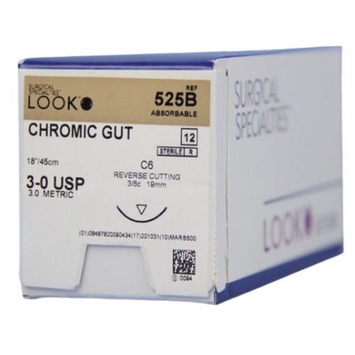 Look 3/0, 18' Chromic Gut Absorbable Suture with Reverse-cutting C-6 Needle (3/8 circle), 12/Box