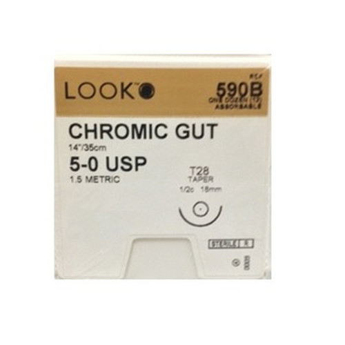 Look 5/0, 14' Chromic Gut Absorbable Suture with Reverse-Cutting T-28 Needle