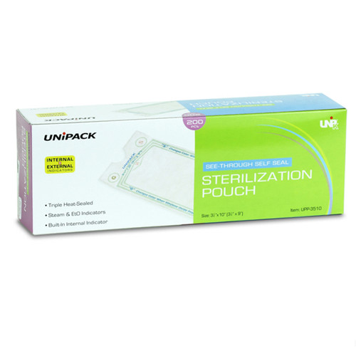 UniPack 3.5' x 10' self-sealing see-through sterilization pouch, 200/bx. Triple