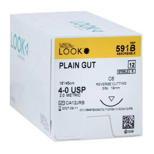 Sutures. Plain Gut. 591B 4-0 18" C-6 3/8 Circle 19mm 12/Pk