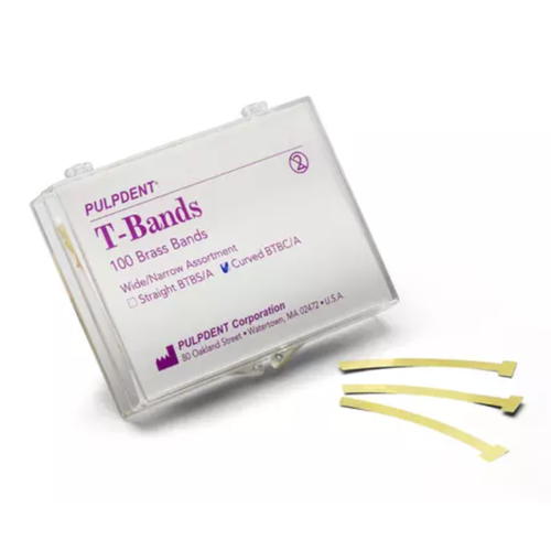 Pulpdent, T Type Bands .002"/.05mm Thick Brass Curved Assorted Box of 100, BTBC/A