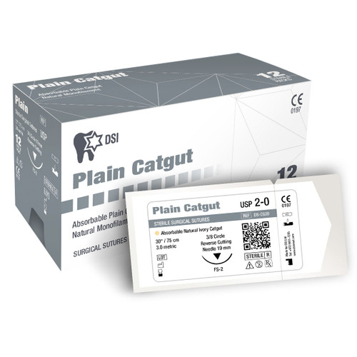 Plain Gut Sutures, 3/8" Reverse Cutting, FS-2, 4/0, 12/Box, 30"