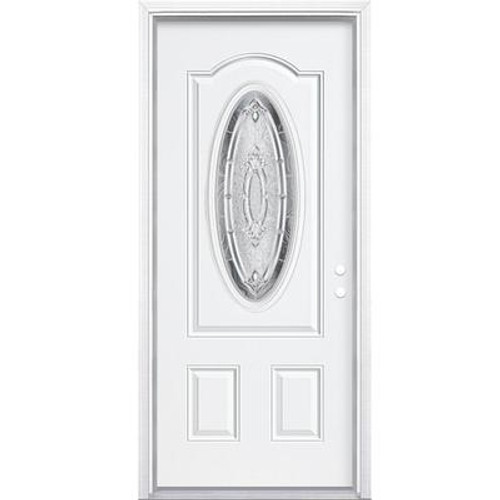 32 In. x 80 In. x 4 9/16 In. Providence Nickel 3/4 Oval Lite Left Hand Entry Door with Brickmould