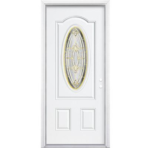 32 In. x 80 In. x 4 9/16 In. Providence Brass 3/4 Oval Lite Left Hand Entry Door with Brickmould