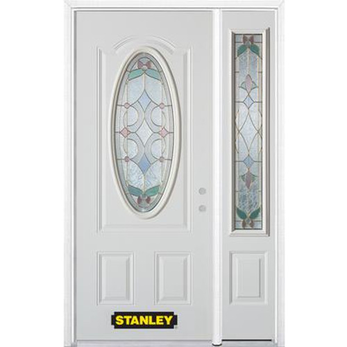 48 In. x 82 In. 3/4 Oval Lite Pre-Finished White Steel Entry Door with Sidelite and Brickmould