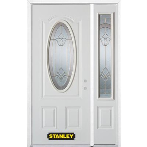 52 In. x 82 In. 3/4 Oval Lite Pre-Finished White Steel Entry Door with Sidelite and Brickmould