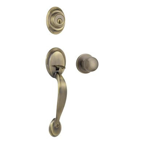 Kingsway Single Cylinder Handleset w/Fairfax Knob in Antique Brass