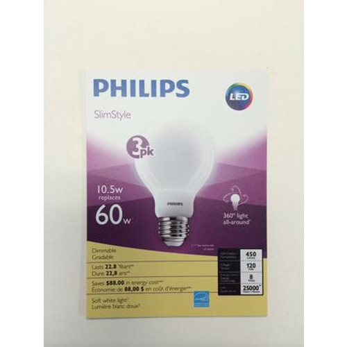 LED 10.5W = 60W A-Line (A19) SlimStyle Soft White (2700K) - 3 Pack